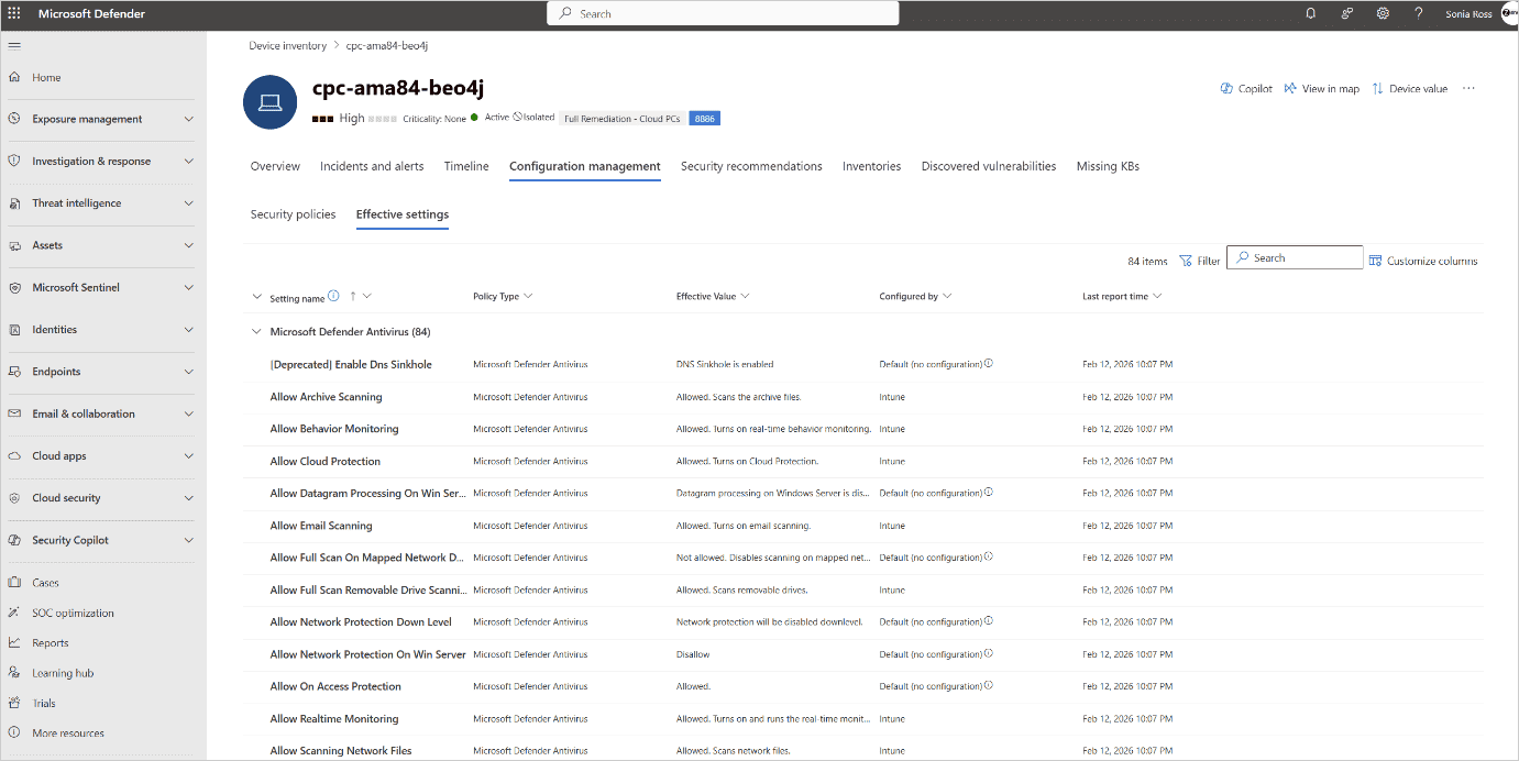 Microsoft Defender for Endpoint'te Etkin Ayarları Görüntüleme